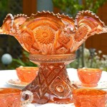 Orange Carnival Glass Punch Bowl Set